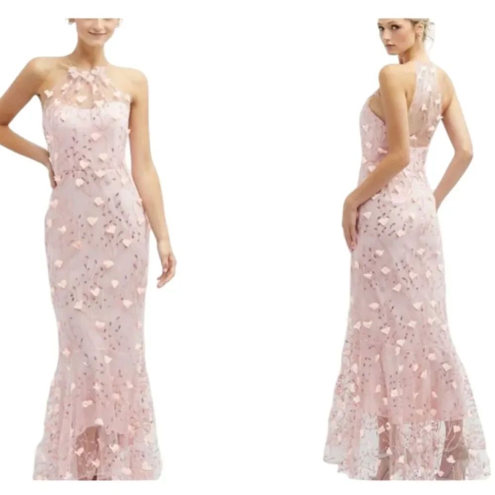 NWT Dessy Collection 3D Embroidery Floral Mermaid Gown Light Pink Tulle 14